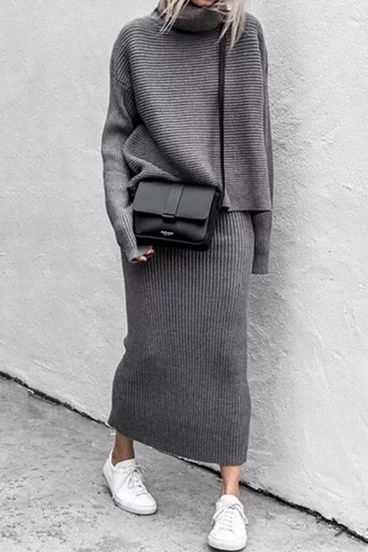 Casual Solid Split Joint Turtleneck Long Sleeve Two Pieces(5 colors)