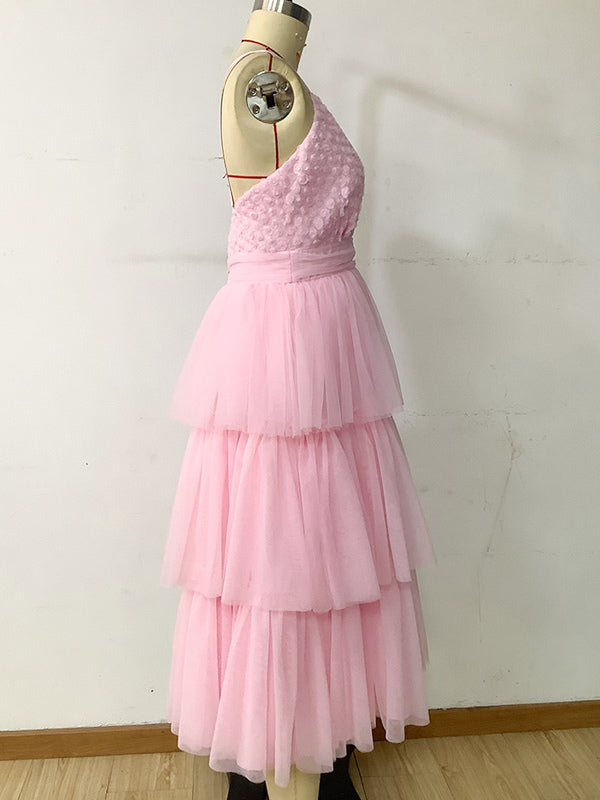 Fairylike Tulle Dress Layered V-Neck Halter Backless Sweet Midi Dresses
