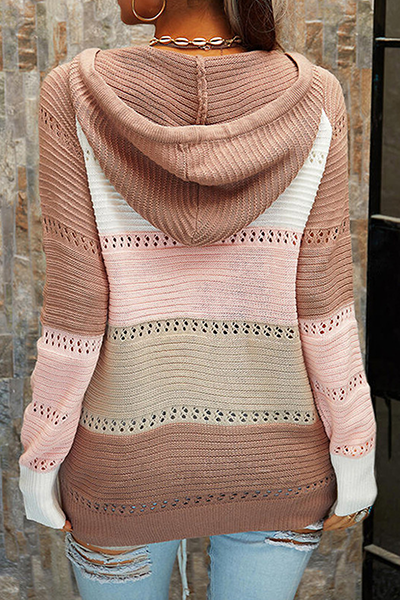 Casual Patchwork Draw String Cross Straps Contrast Hooded Collar Tops(7 Colors)