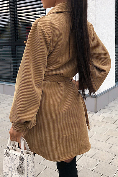 Fashion British Style Solid Pocket Buckle With Belt Turndown Collar Dresses