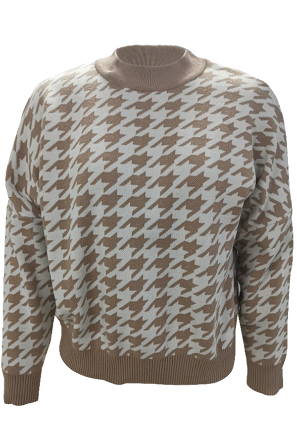 Fashion Street Geometric Patchwork Contrast O Neck Sweater(3 Colors)