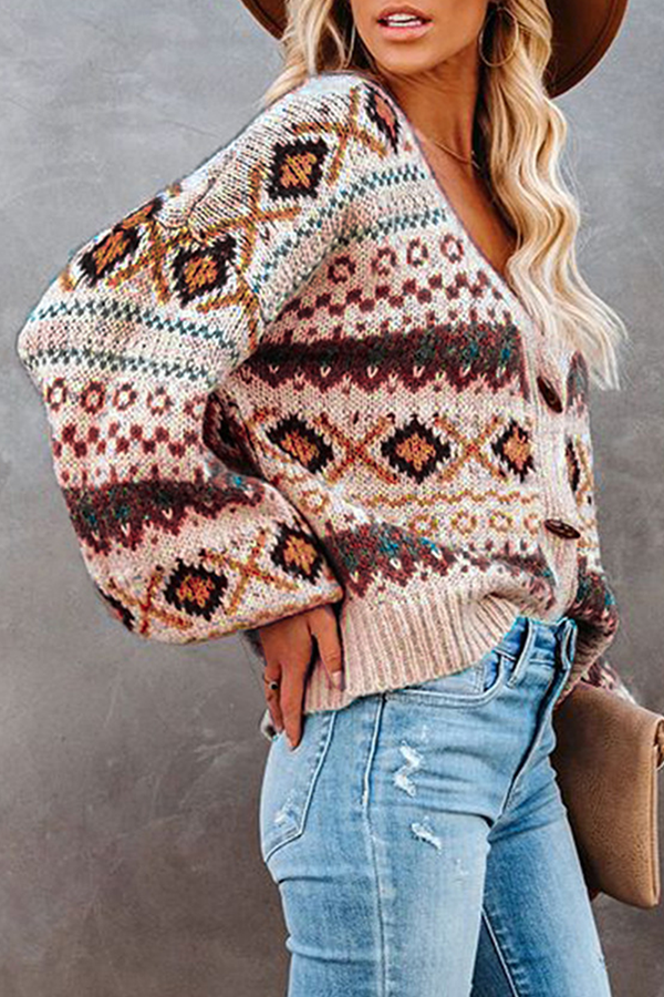 Casual Geometric Split Joint Buckle V Neck Outerwear Sweater(3 colors)