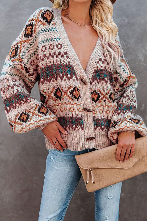 Casual Geometric Split Joint Buckle V Neck Outerwear Sweater(3 colors)