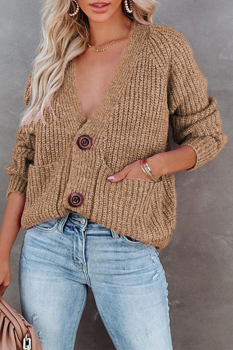 Casual Solid Pocket Buttons V Neck Sweaters(7 Colors)