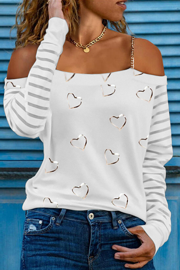 Casual Street Print Patchwork Chains Off the Shoulder Tops(5 Colors)