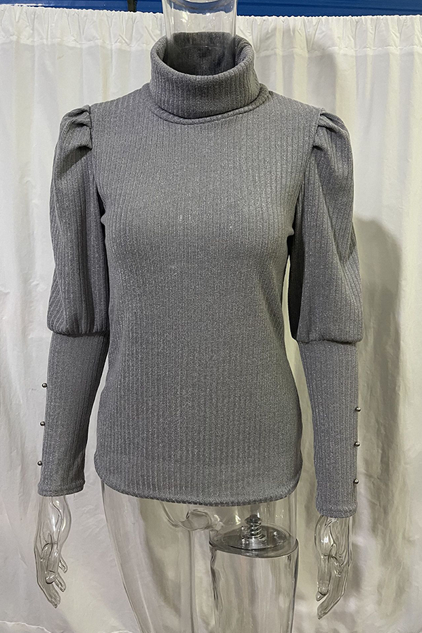 Casual Solid Buckle Fold Turtleneck Tops(3 Colors)