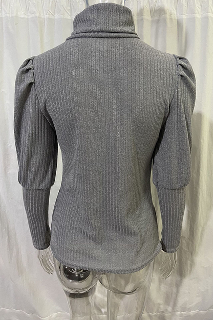 Casual Solid Buckle Fold Turtleneck Tops(3 Colors)