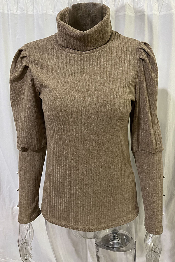 Casual Solid Buckle Fold Turtleneck Tops(3 Colors)