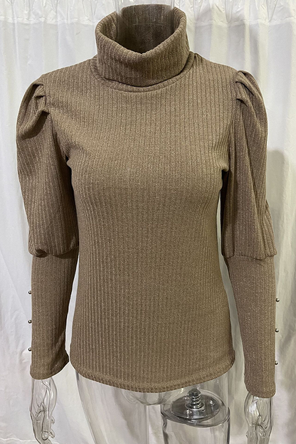 Casual Solid Buckle Fold Turtleneck Tops(3 Colors)