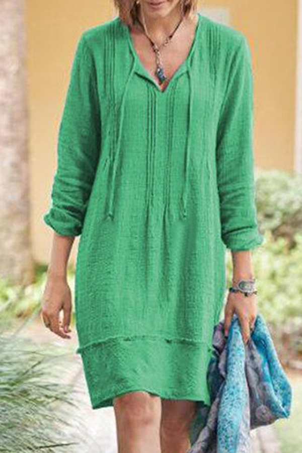 Casual Solid Patchwork Frenulum V Neck Dresses(5 Colors)
