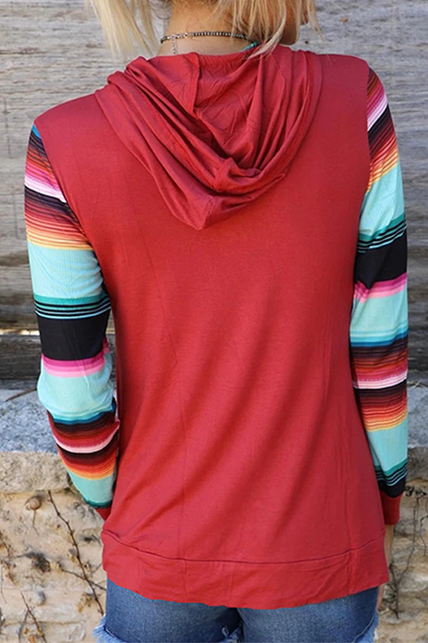Casual Print Draw String Pocket Hooded Collar Tops(4 Colors)