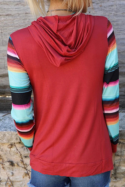 Casual Print Draw String Pocket Hooded Collar Tops(4 Colors)