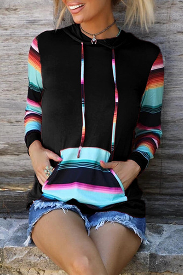 Casual Print Draw String Pocket Hooded Collar Tops(4 Colors)
