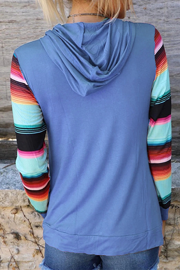 Casual Print Draw String Pocket Hooded Collar Tops(4 Colors)