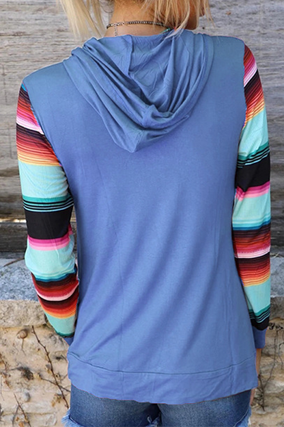 Casual Print Draw String Pocket Hooded Collar Tops(4 Colors)