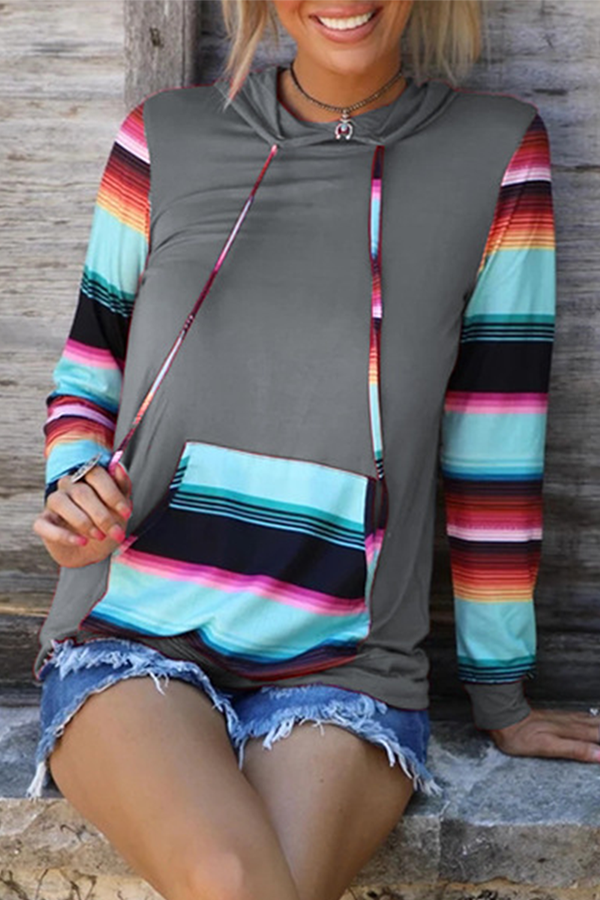 Casual Print Draw String Pocket Hooded Collar Tops(4 Colors)