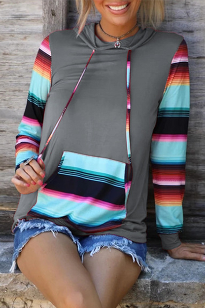 Casual Print Draw String Pocket Hooded Collar Tops(4 Colors)
