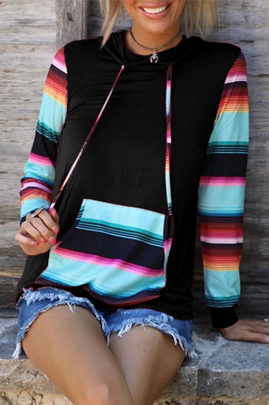 Casual Print Draw String Pocket Hooded Collar Tops(4 Colors)