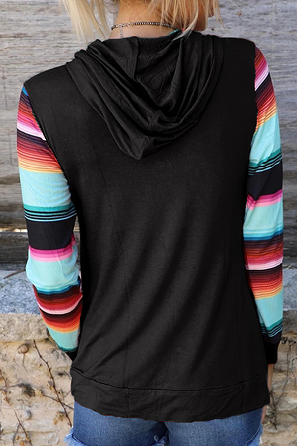 Casual Print Draw String Pocket Hooded Collar Tops(4 Colors)