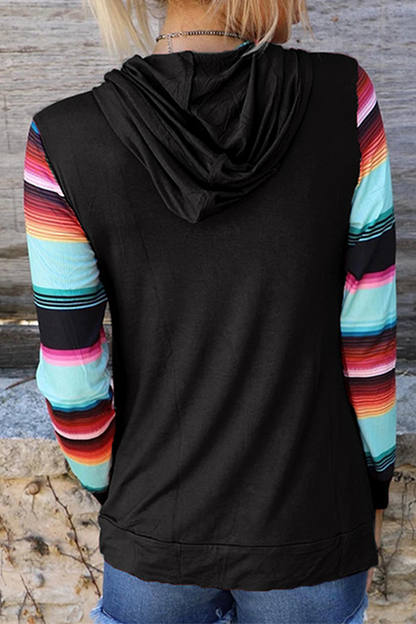 Casual Print Draw String Pocket Hooded Collar Tops(4 Colors)