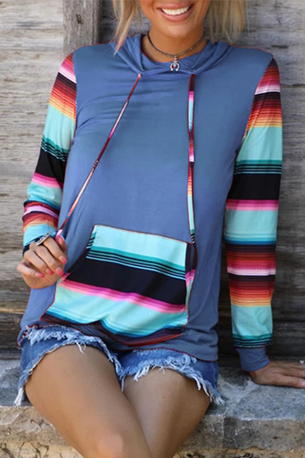 Casual Print Draw String Pocket Hooded Collar Tops(4 Colors)