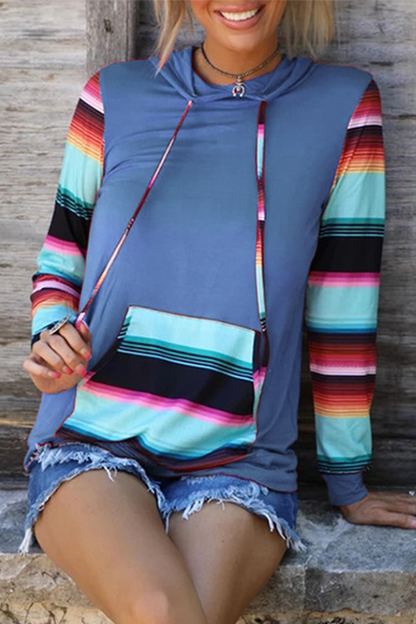 Casual Print Draw String Pocket Hooded Collar Tops(4 Colors)