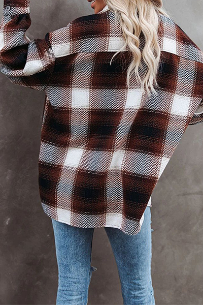 Casual Plaid Pocket Buckle Turndown Collar Outerwear
