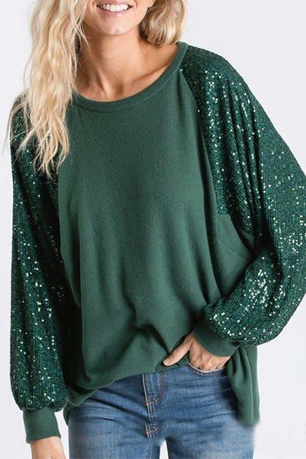 Casual Patchwork Sequins O Neck Tops（4 colors）