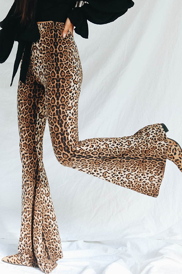 Fashion Street Animal Print Leopard Patchwork Basic Boot Cut High Waist Full Print Bottoms