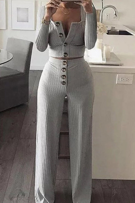 Casual Solid Split Joint O Neck Long Sleeve Two Pieces(5 Colors)