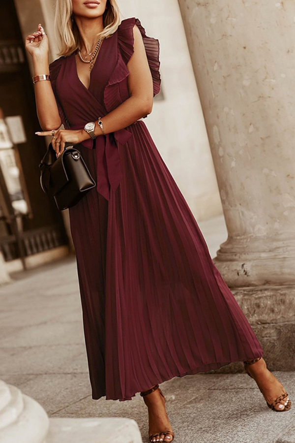Elegant Solid Flounce Strap Design V Neck Pleated Dresses(6 Colors)