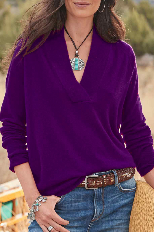 Casual Solid Split Joint V Neck Tops