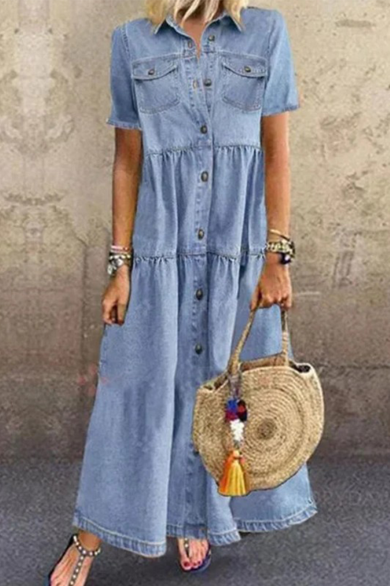 Casual Solid Split Joint Turndown Collar Straight Dresses