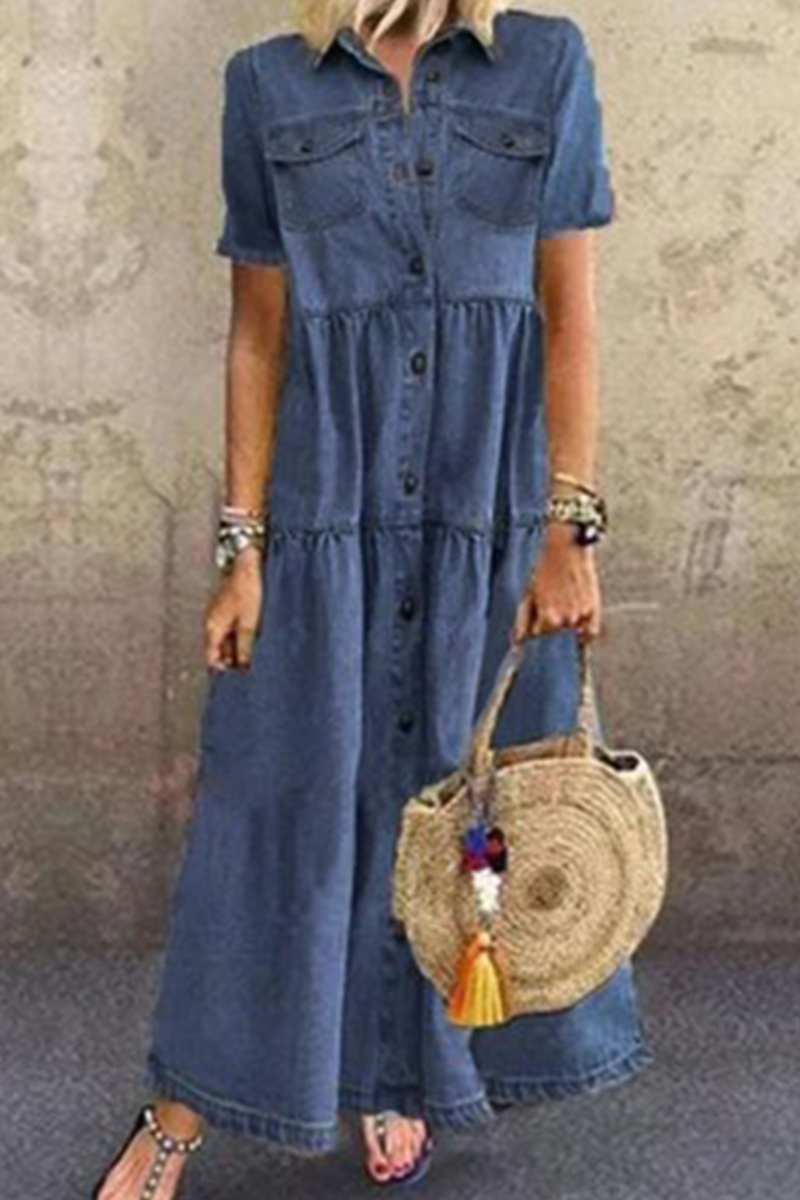 Casual Solid Split Joint Turndown Collar Straight Dresses
