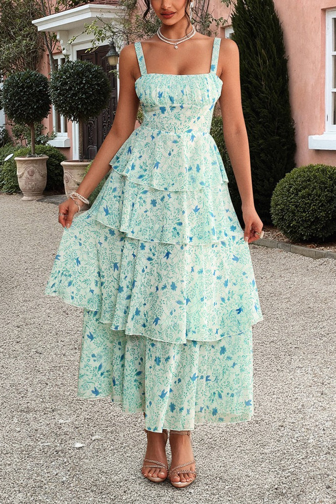 Square Neck Ruched Wide Strap Tiered Toile Floral Print Maxi Dress