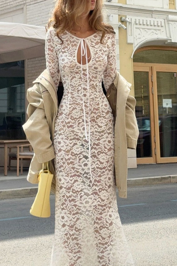 Round Neck Keyhole Tie Long Sleeve Bell Cuff Floral Lace Sheer Maxi Dress