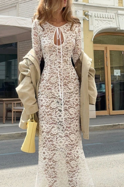 Round Neck Keyhole Tie Long Sleeve Bell Cuff Floral Lace Sheer Maxi Dress