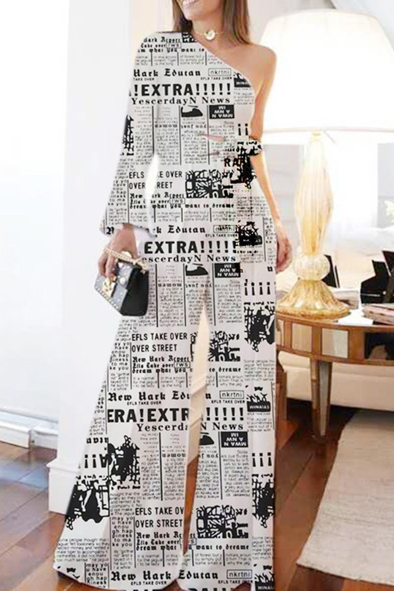 Fashion Print Patchwork One Shoulder Three Quarter Two Pieces