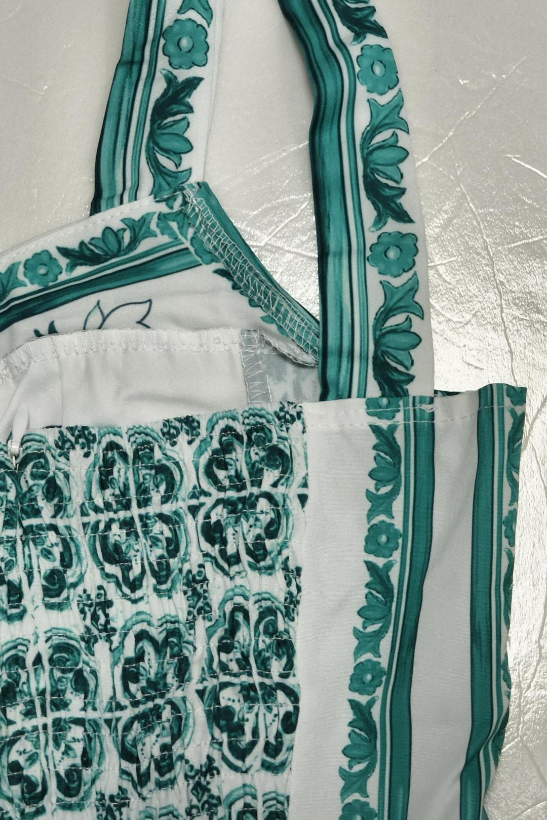 Mediterranean Print Sweetheart Neck Tiered Flounce Hem Maxi Dress