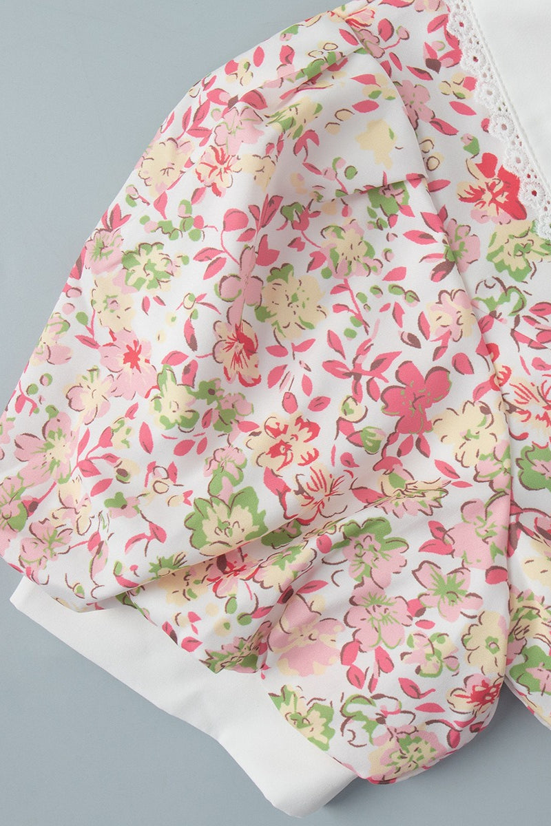 Floral Print Oversized Eyelet Lace Collar Puff Sleeve Tiered Hem Mini Dress