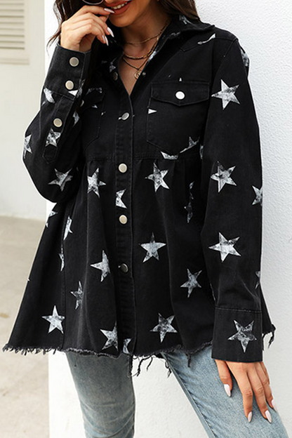 Casual The stars Tassel Buckle Turndown Collar Long Sleeve Denim Jacket