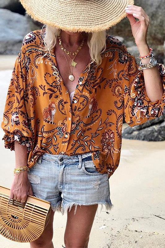 Casual Print Split Joint Turndown Collar Tops