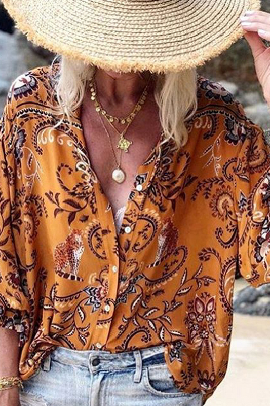 Casual Print Split Joint Turndown Collar Tops