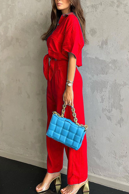 Fashion Solid Patchwork Turndown Collar Short Sleeve Two Pieces