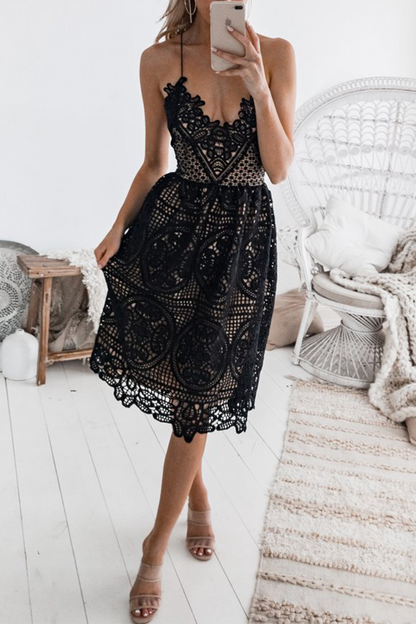 Guipure Lace Spaghetti Strap Deep V-Neck Scalloped Hem Midi Dress