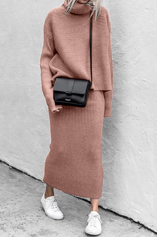 Casual Solid Patchwork Turtleneck Long Sleeve Two Pieces(5 Colors)