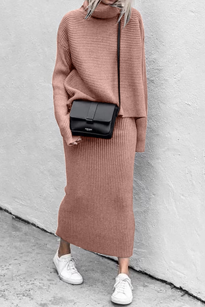 Casual Solid Split Joint Turtleneck Long Sleeve Two Pieces(5 colors)