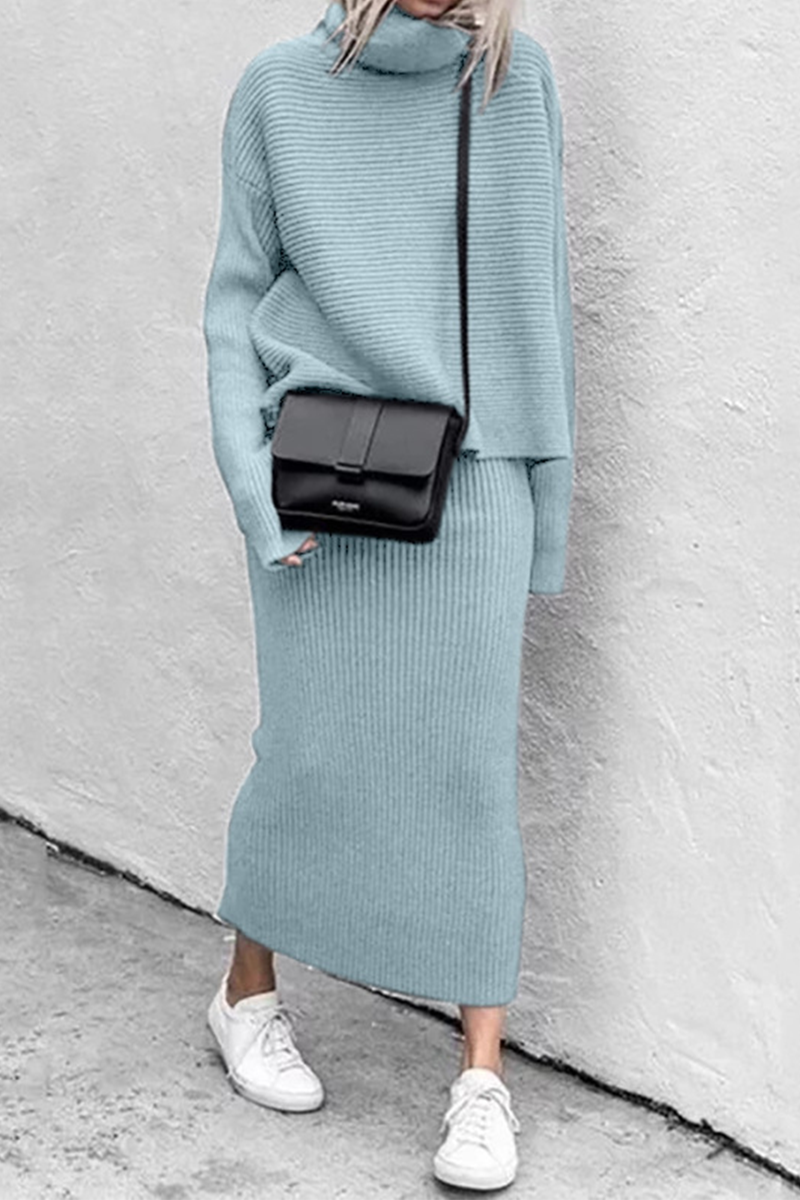Casual Solid Split Joint Turtleneck Long Sleeve Two Pieces(5 colors)