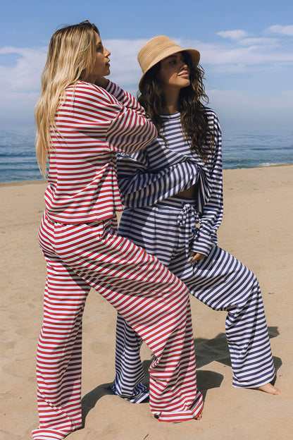 Stripe Crewneck Drawstring Two Piece Set