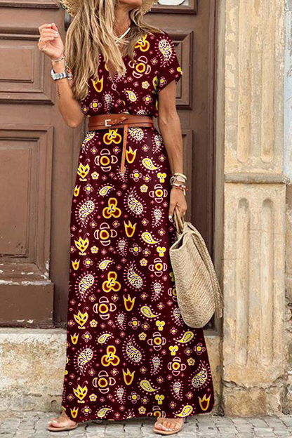 Elegant Print V Neck Princess Dresses(3 Colors)